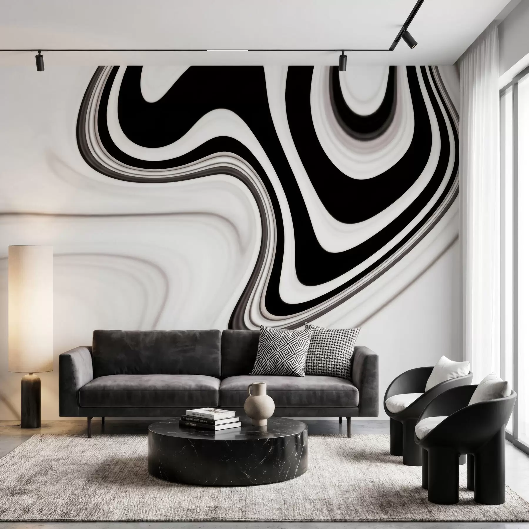 wall murals Abstract wall mural with flowing black and white waves in a modern minimalist style w09877