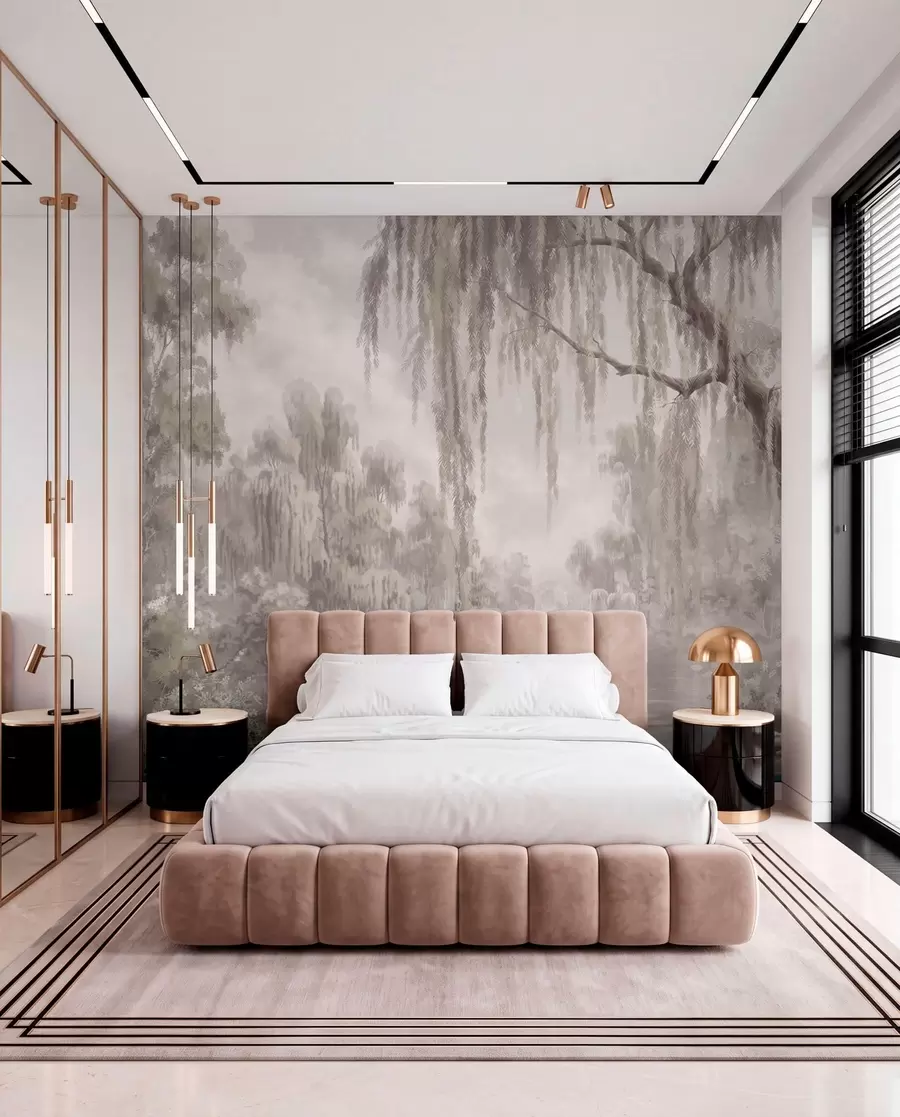 wall murals Monochrome scene with willows over calm water w05631