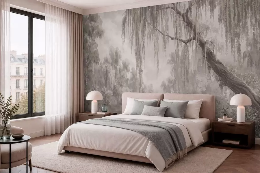 wall murals Monochrome scene with willows over calm water w05631