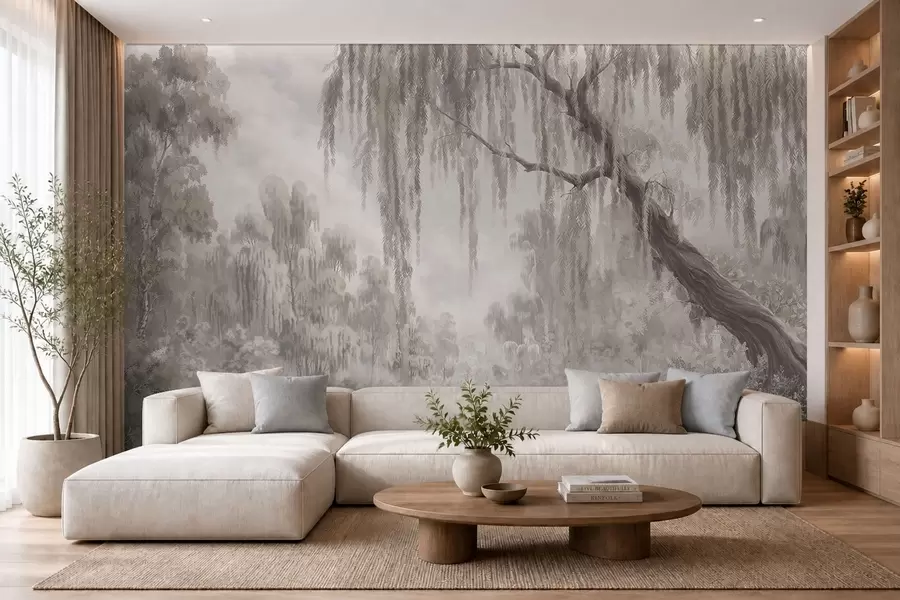 wall murals Monochrome scene with willows over calm water w05631