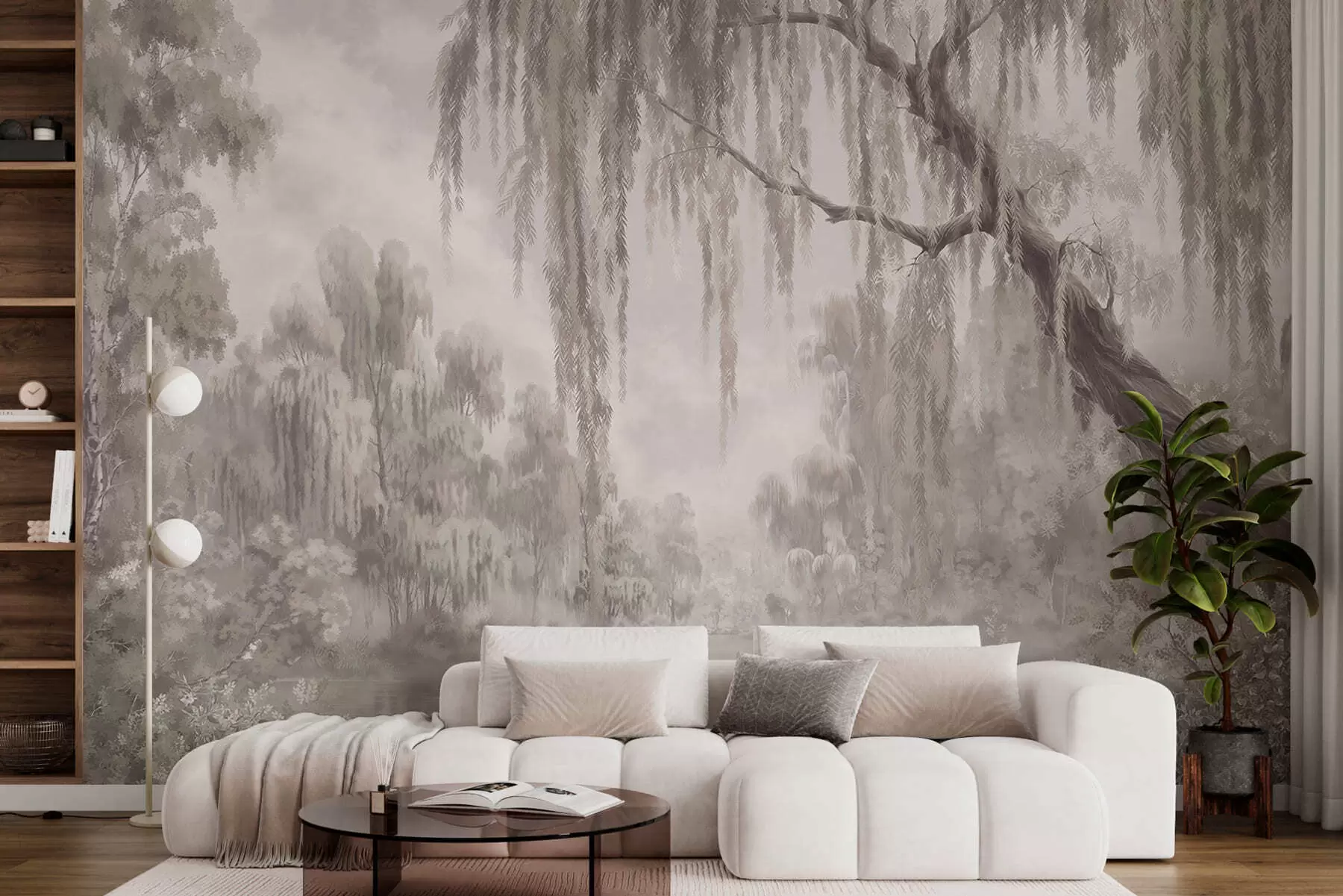 wall murals Monochrome scene with willows over calm water w05631