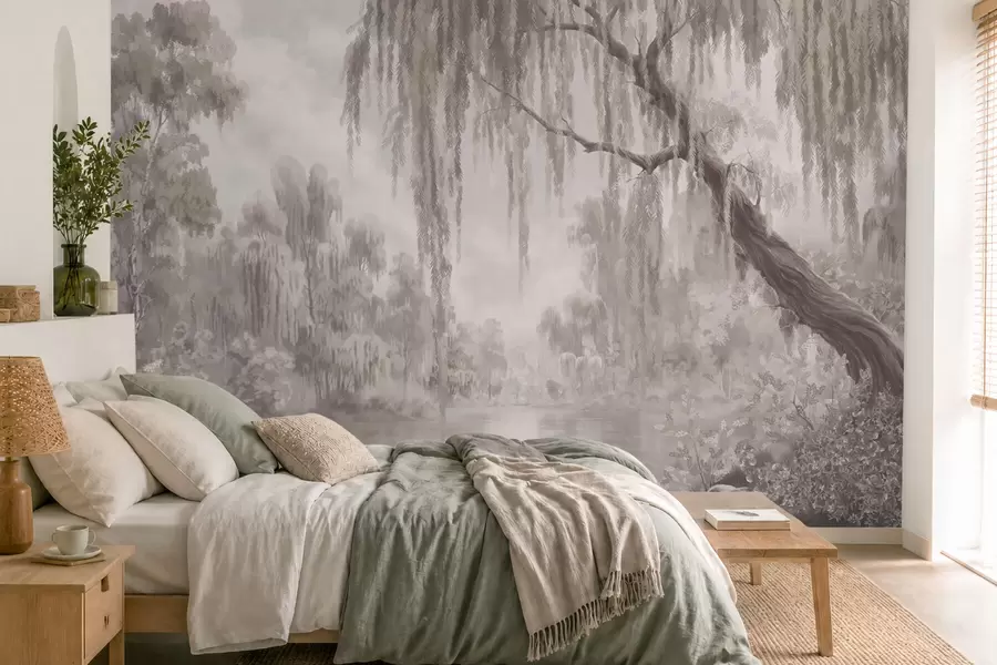 wall murals Monochrome scene with willows over calm water w05631