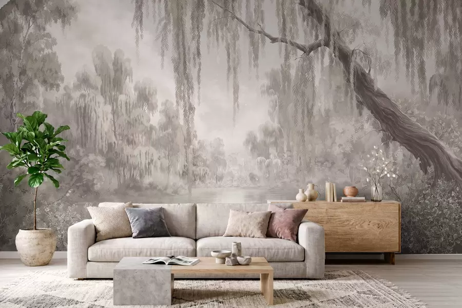 wall murals Monochrome scene with willows over calm water w05631