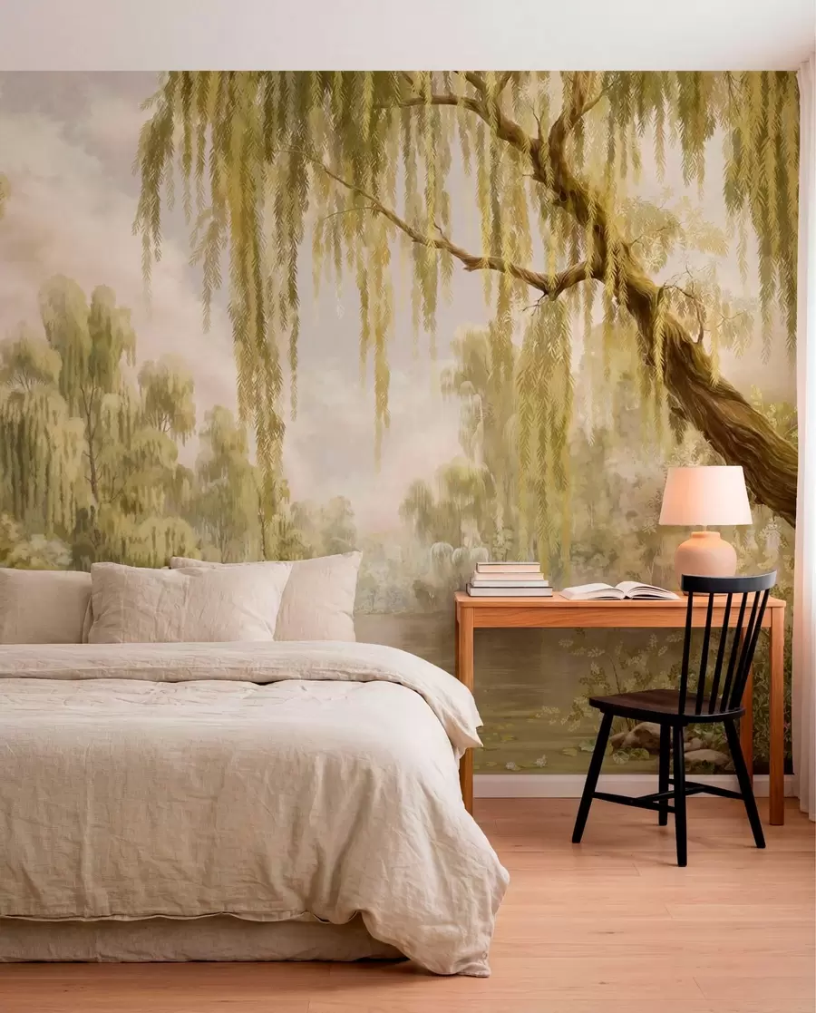 wall murals Sunlit scene with willows by a quiet pond w05631v1