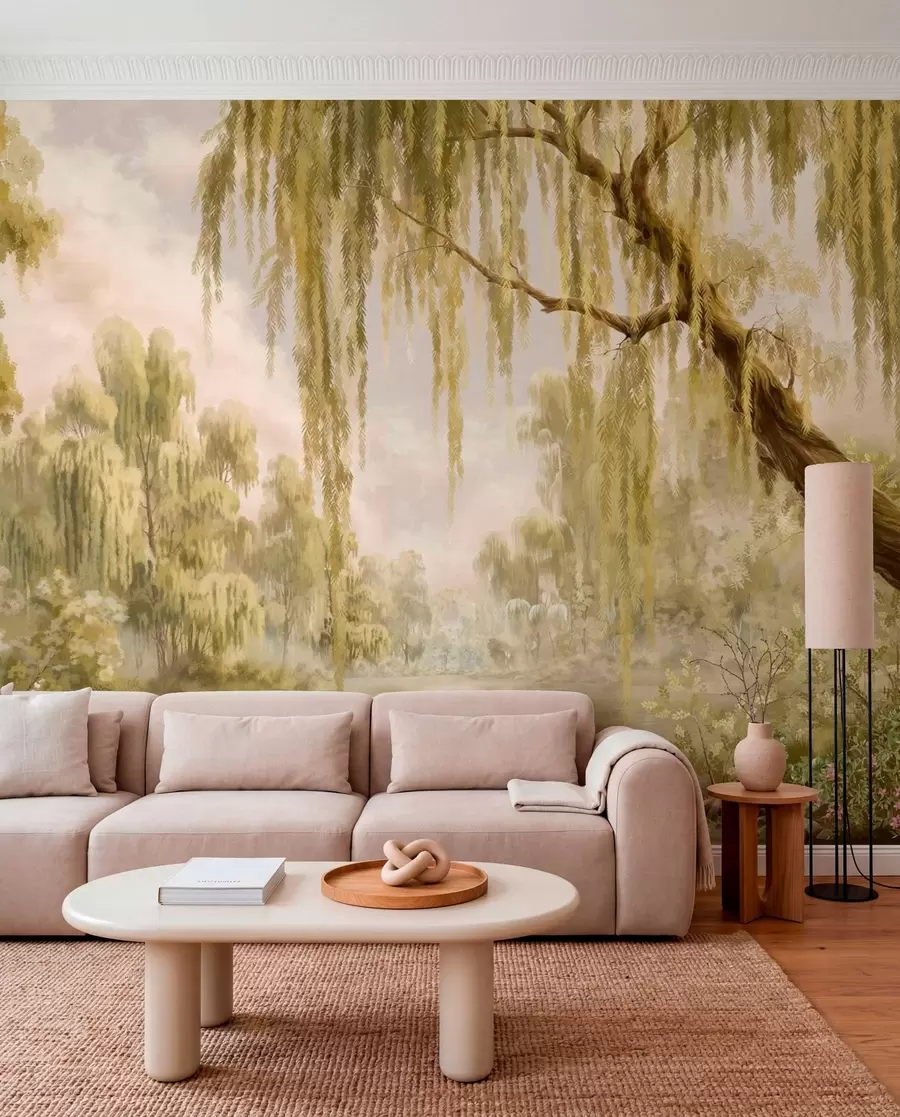 wall murals Sunlit scene with willows by a quiet pond w05631v1