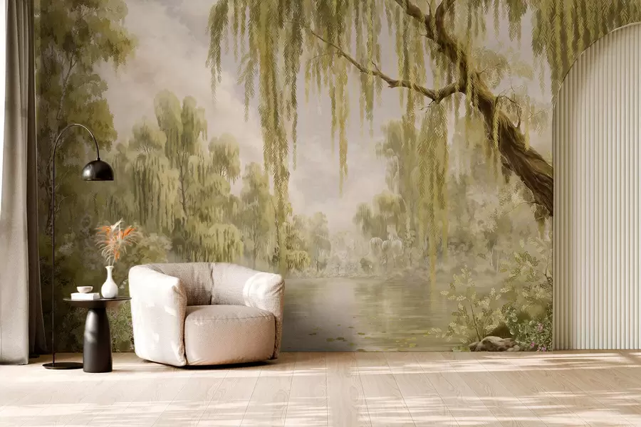 wall murals Sunlit scene with willows by a quiet pond w05631v1
