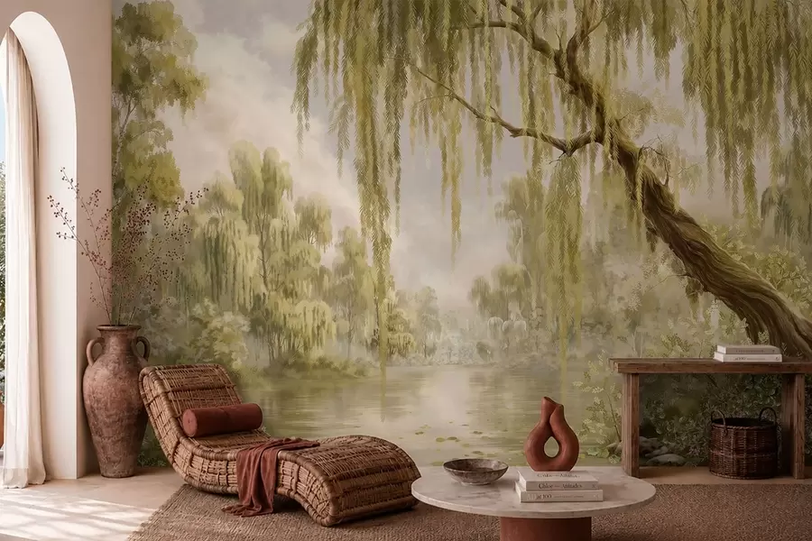 wall murals Sunlit scene with willows by a quiet pond w05631v1