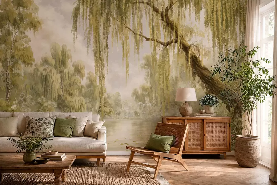 wall murals Sunlit scene with willows by a quiet pond w05631v1