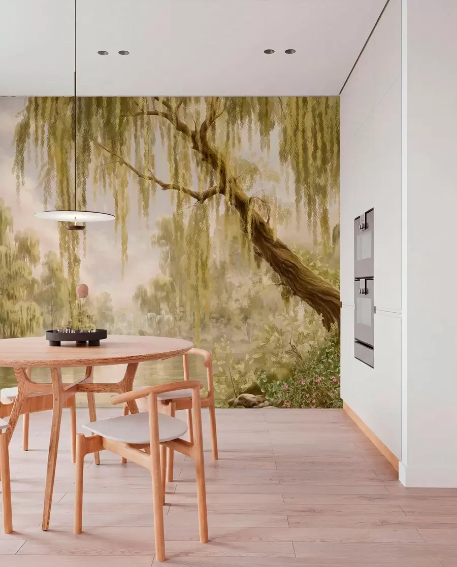 wall murals Sunlit scene with willows by a quiet pond w05631v1