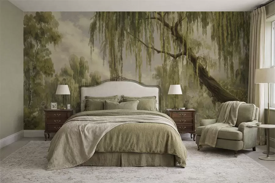 wall murals Shaded landscape with willows over water w05631v2