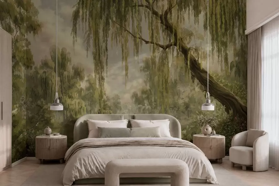 wall murals Shaded landscape with willows over water w05631v2