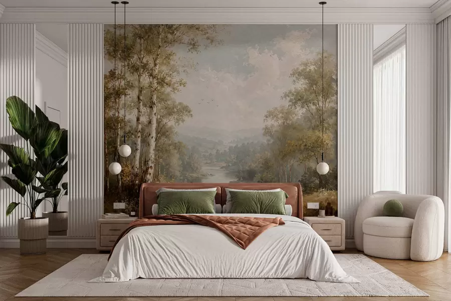 wall murals Bright river landscape with birch trees and clouds w05685
