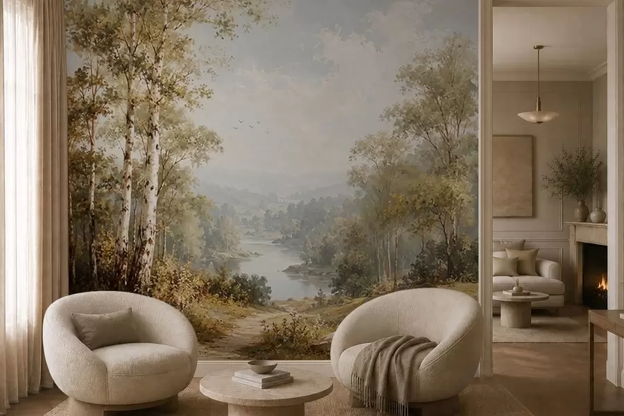 wall murals Bright river landscape with birch trees and clouds w05685