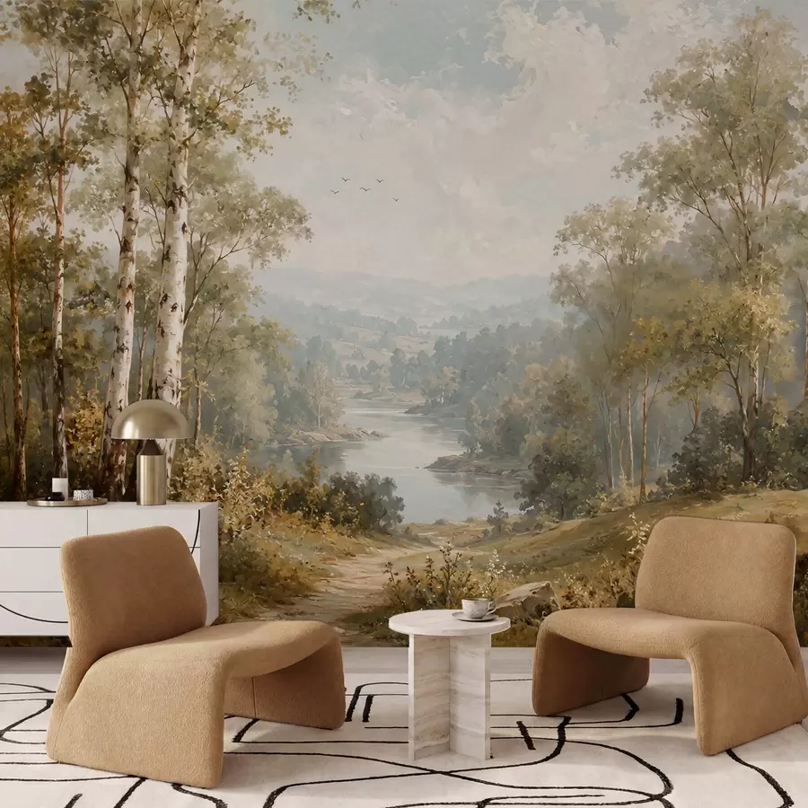 wall murals Bright river landscape with birch trees and clouds w05685