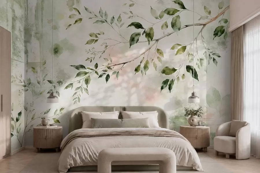 wall murals Watercolor leafy branch on a light background w05688