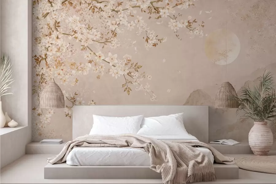 wall murals Light flowering branch above misty mountains and sun w05695