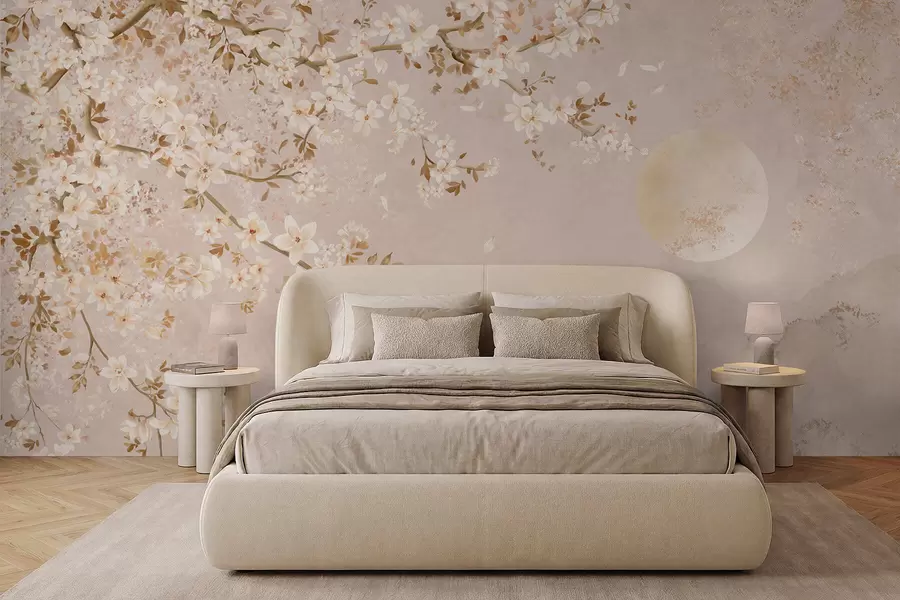 wall murals Light flowering branch above misty mountains and sun w05695