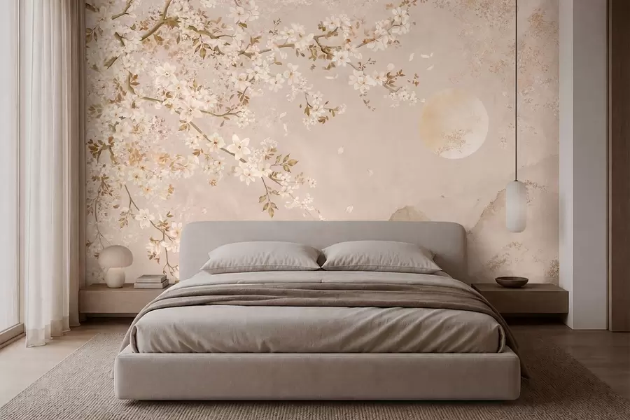 wall murals Light flowering branch above misty mountains and sun w05695