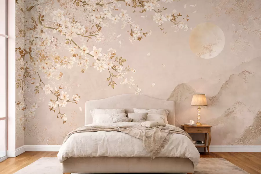 wall murals Light flowering branch above misty mountains and sun w05695