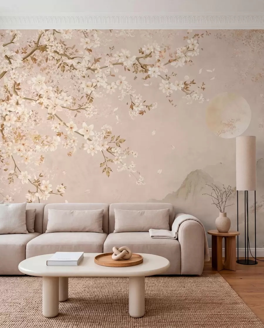 wall murals Light flowering branch above misty mountains and sun w05695