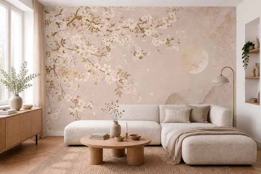 wall murals Light flowering branch above misty mountains and sun w05695