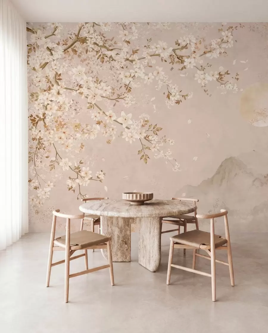 wall murals Light flowering branch above misty mountains and sun w05695