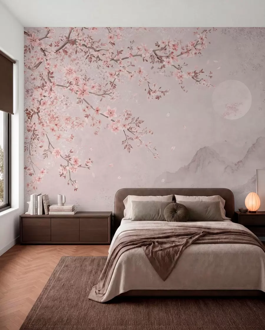 wall murals Pink blossoms on a branch above a soft mountain scene w05695v1