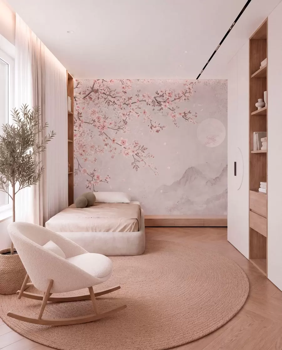 wall murals Pink blossoms on a branch above a soft mountain scene w05695v1