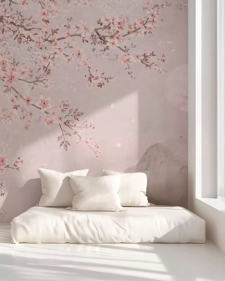 wall murals Pink blossoms on a branch above a soft mountain scene w05695v1