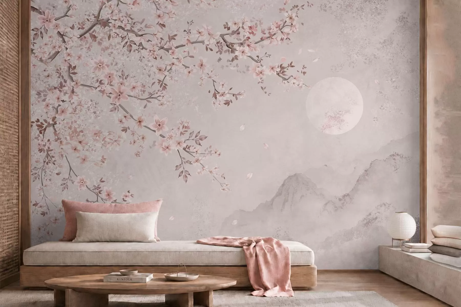 wall murals Pink blossoms on a branch above a soft mountain scene w05695v1