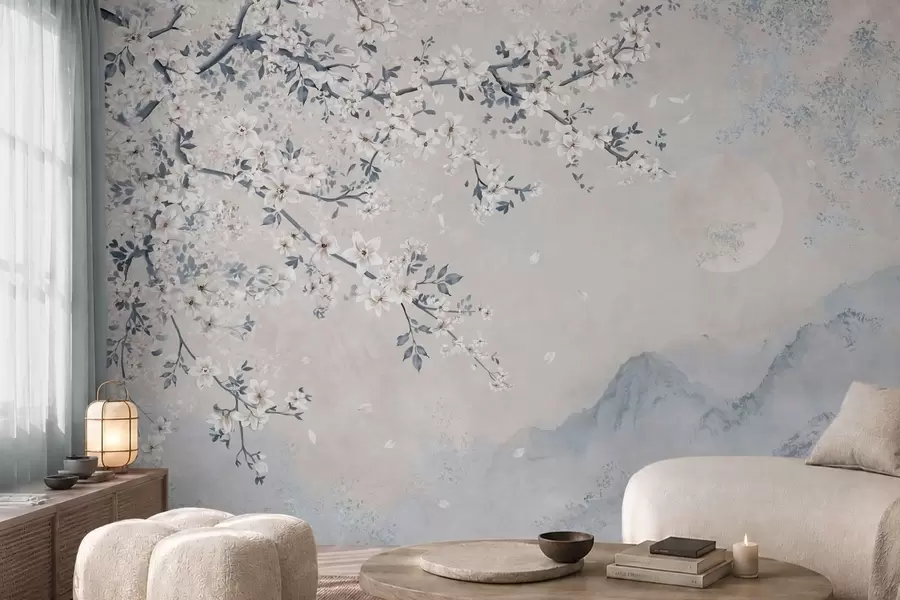 wall murals Delicate blooming branch over misty mountains and moon w05695v2