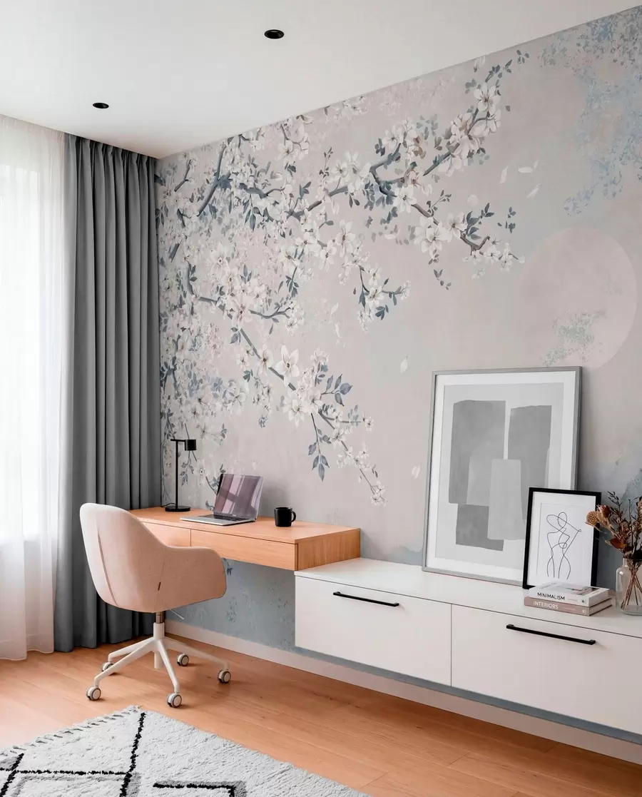 wall murals Delicate blooming branch over misty mountains and moon w05695v2