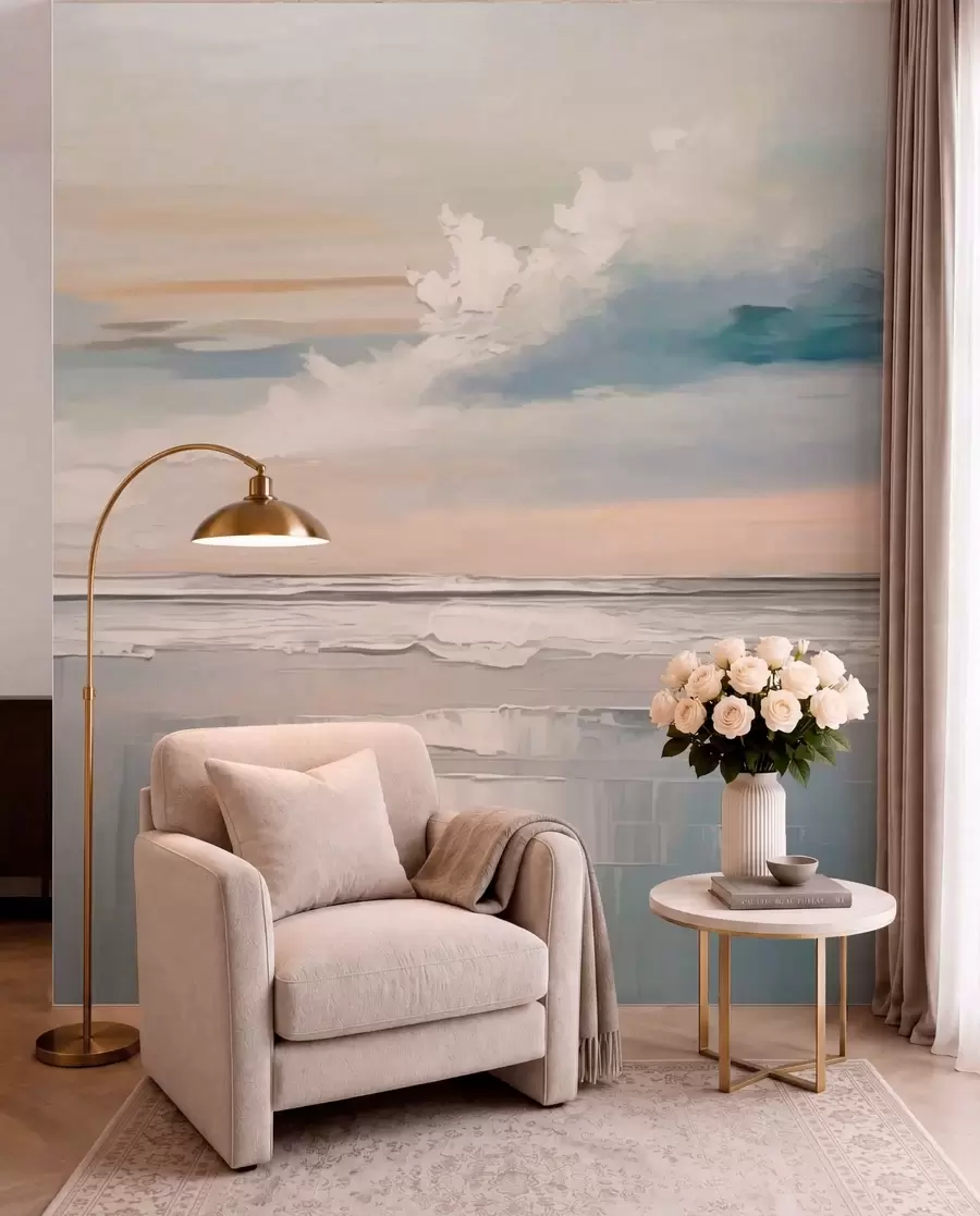 wall murals Pastel seashore with clouds and water reflection w05687