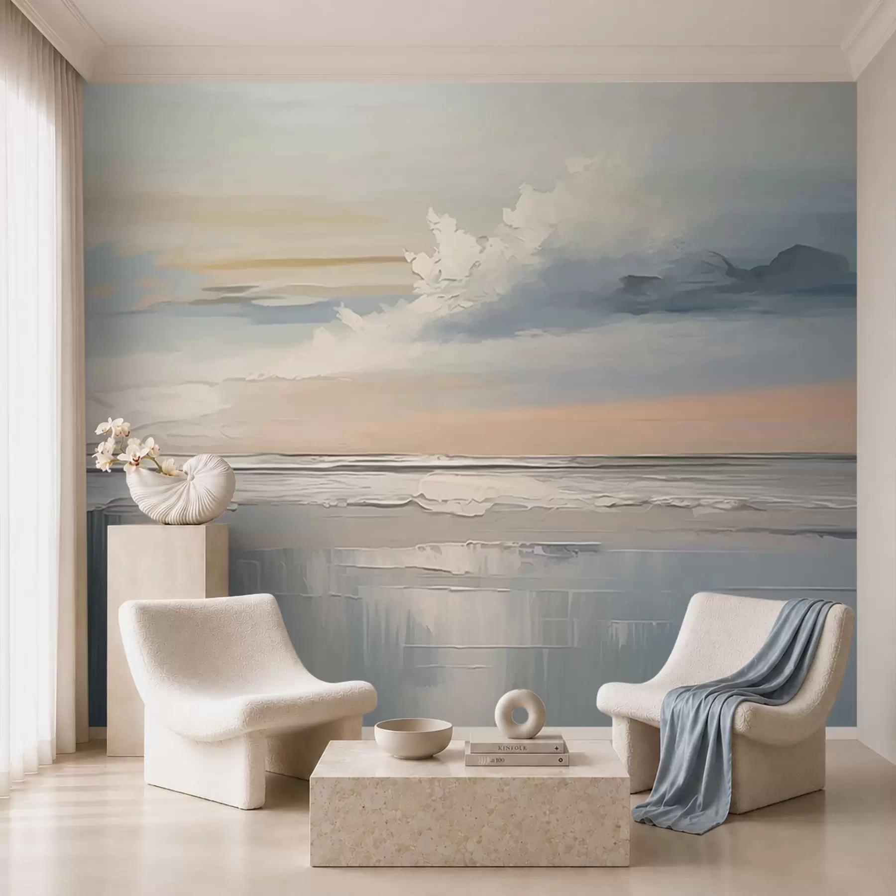 wall murals Pastel seashore with clouds and water reflection w05687