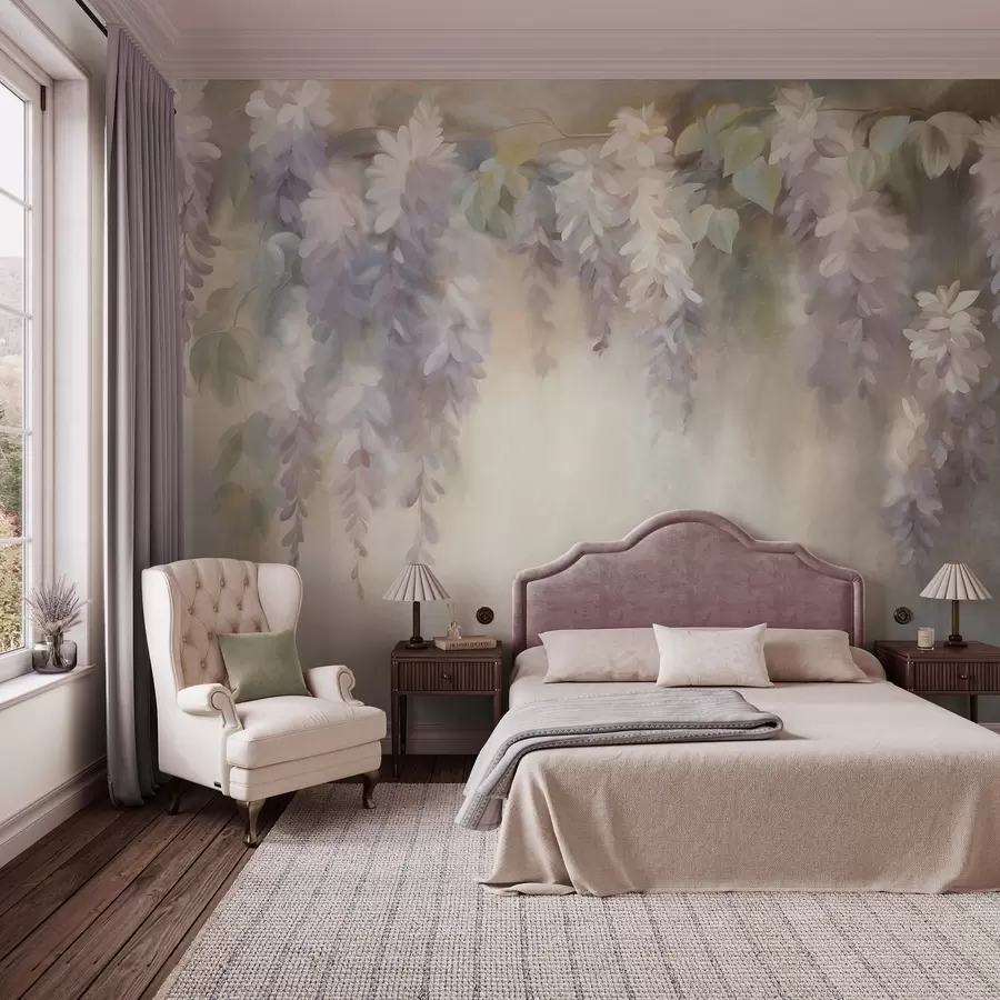 wall murals Textured light purple wisteria flowers hanging down with green leaves, pastel background w09896