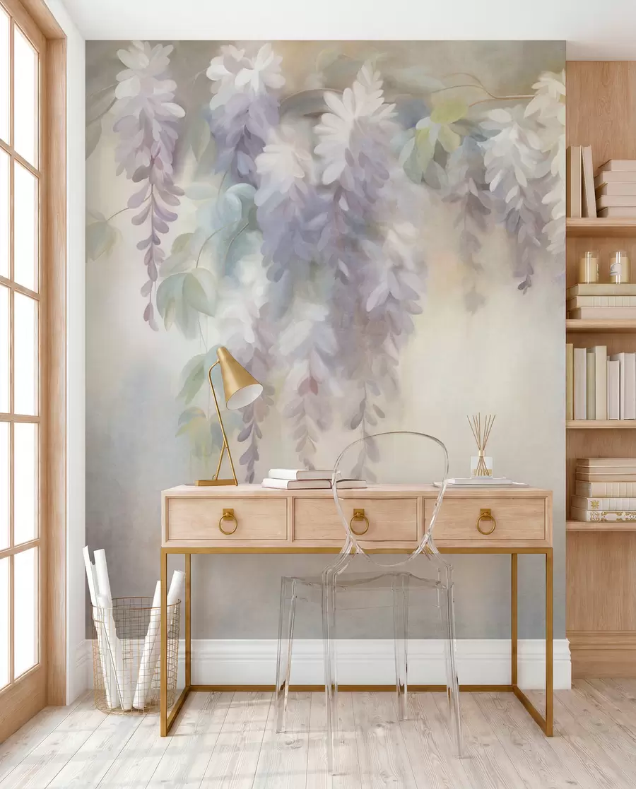 wall murals Textured light purple wisteria flowers hanging down with green leaves, pastel background w09896