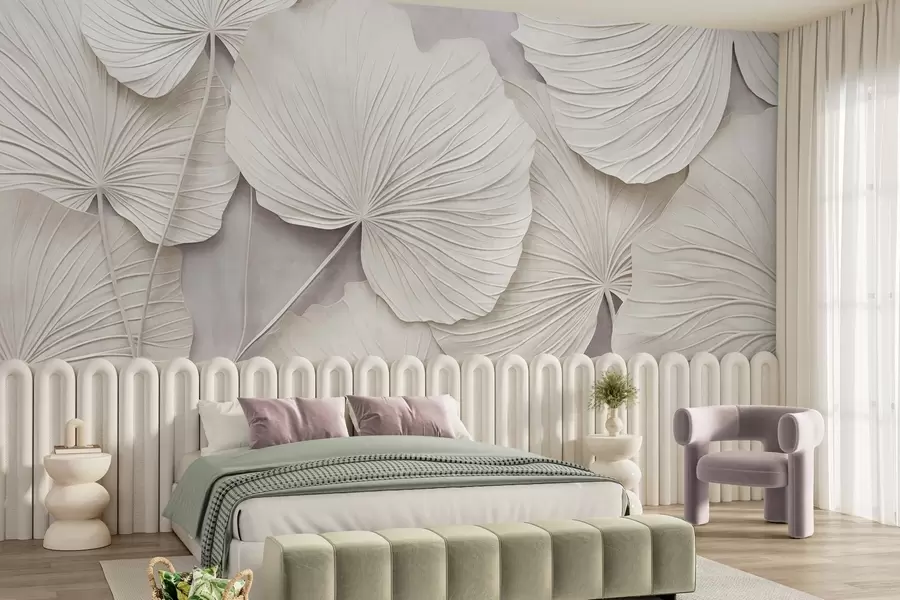 wall murals Large, textured leaves against a soft, muted background, minimalistic modern art w09897