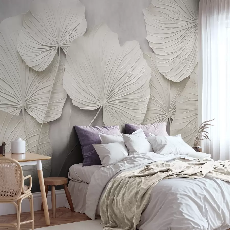 wall murals Large, textured leaves against a soft, muted background, minimalistic modern art w09897