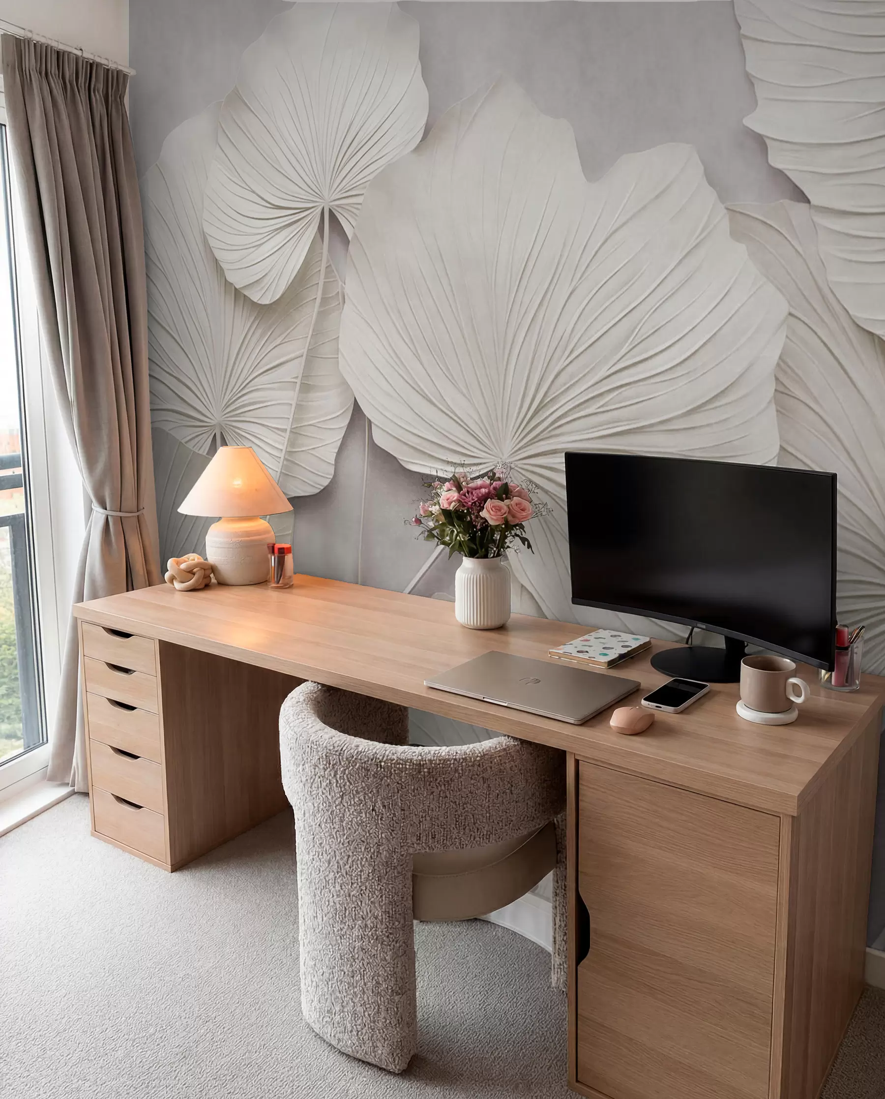 wall murals Large, textured leaves against a soft, muted background, minimalistic modern art w09897