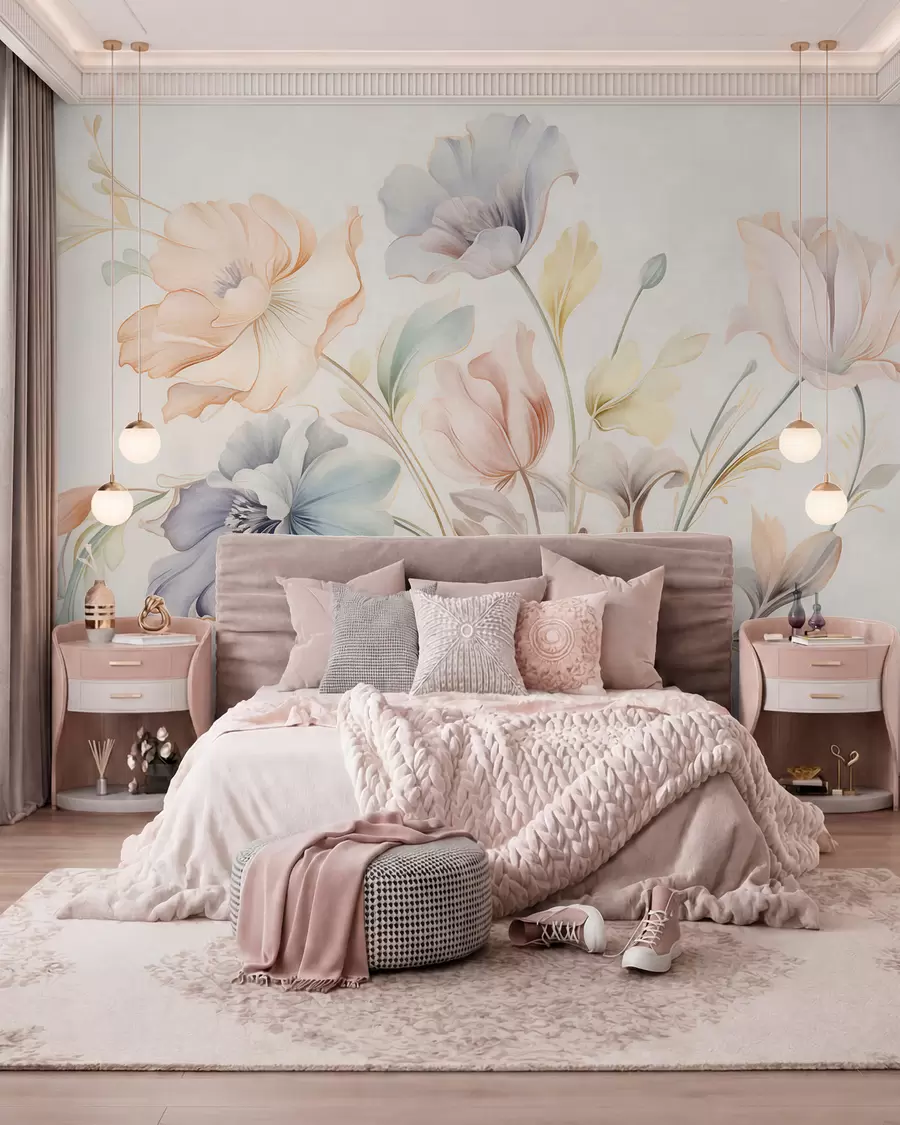 wall murals Delicate flowers in pastel shades of pink, blue and yellow with green leaves, light background w09898