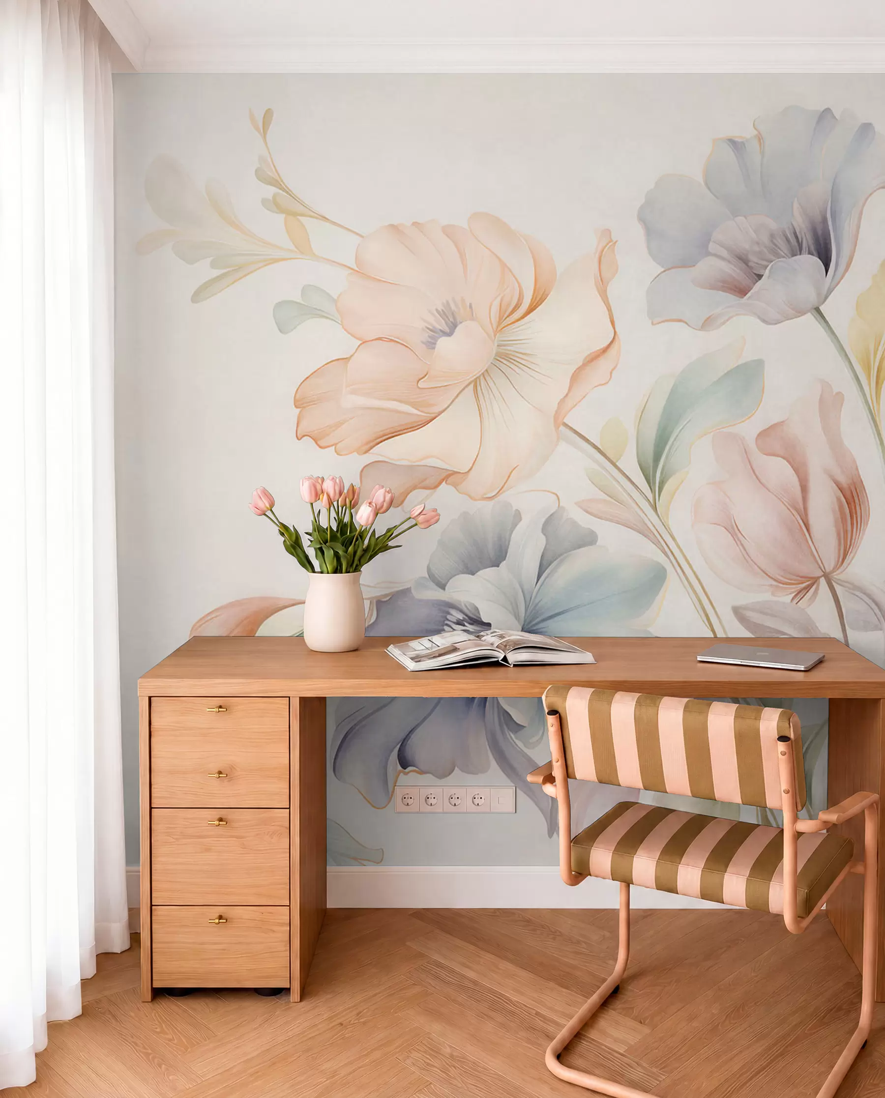 wall murals Delicate flowers in pastel shades of pink, blue and yellow with green leaves, light background w09898