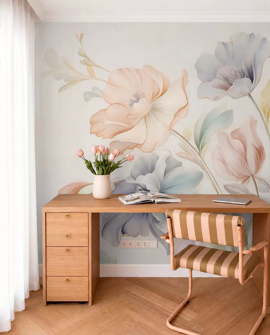 wall murals Delicate flowers in pastel shades of pink, blue and yellow with green leaves, light background w09898