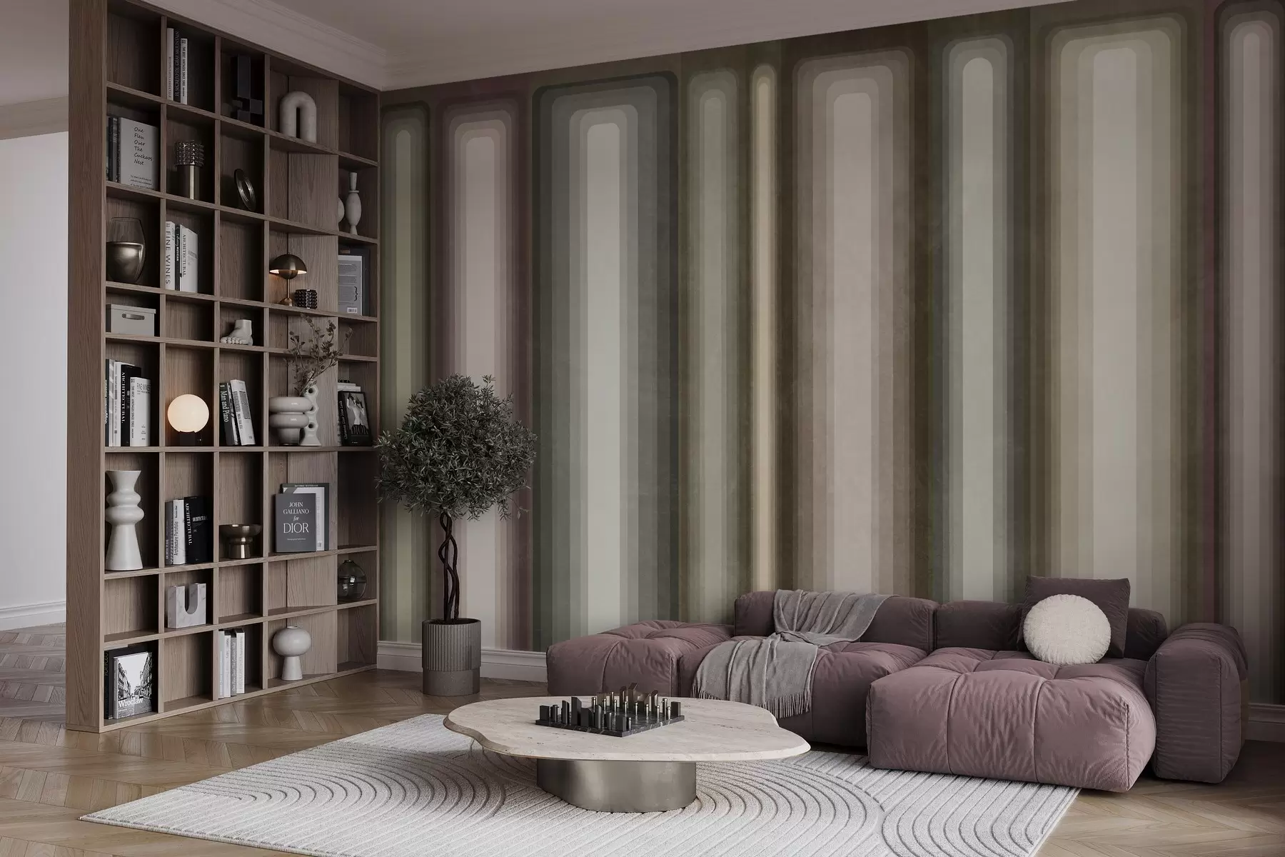 wall murals Textured abstract vertical rounded rectangles in muted tones of brown, beige and pale pink w09905
