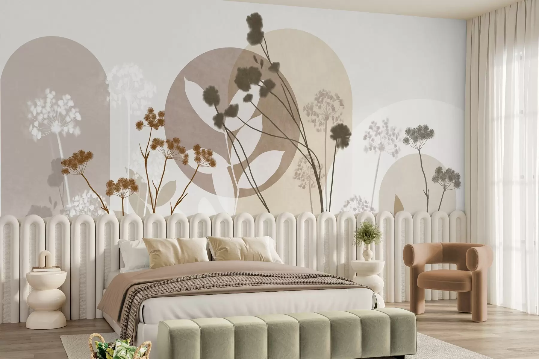 wall murals Botanical and minimalist composition of dried flowers and leaves with abstract geometry w09906