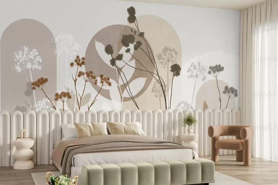 wall murals Botanical and minimalist composition of dried flowers and leaves with abstract geometry w09906