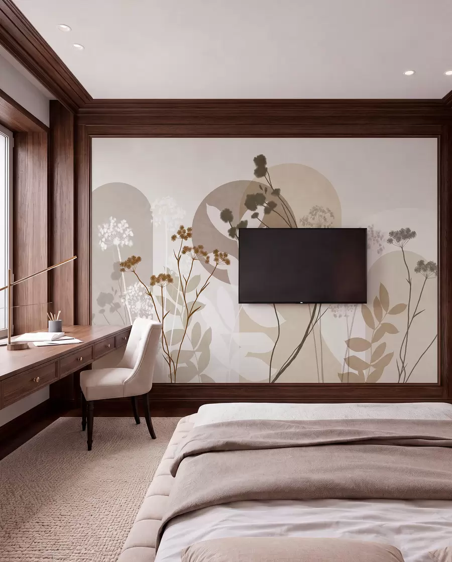 wall murals Botanical and minimalist composition of dried flowers and leaves with abstract geometry w09906