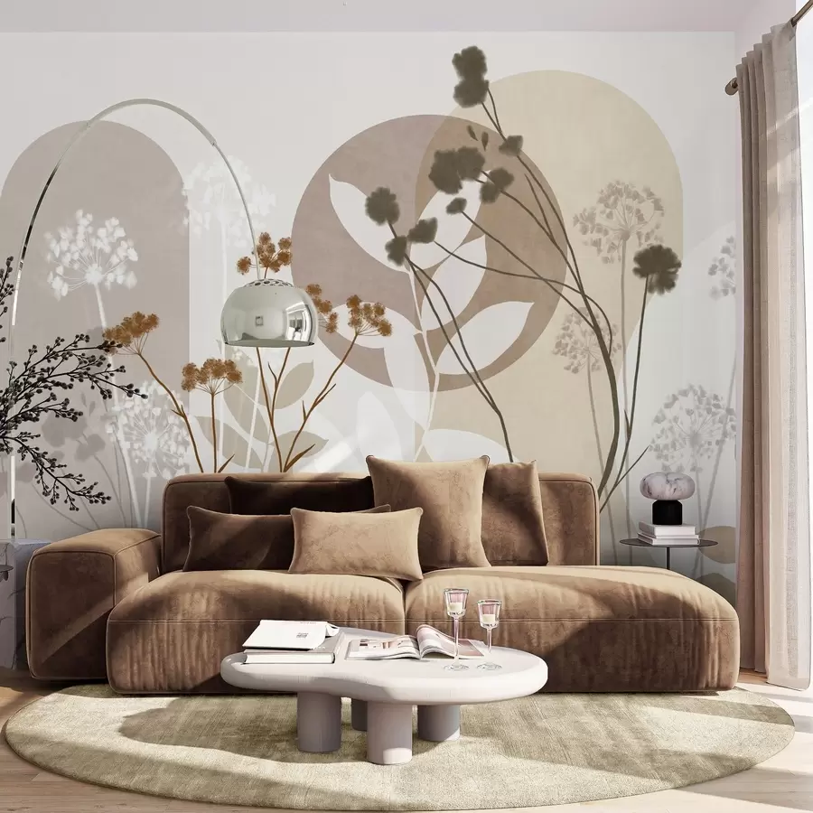 wall murals Botanical and minimalist composition of dried flowers and leaves with abstract geometry w09906