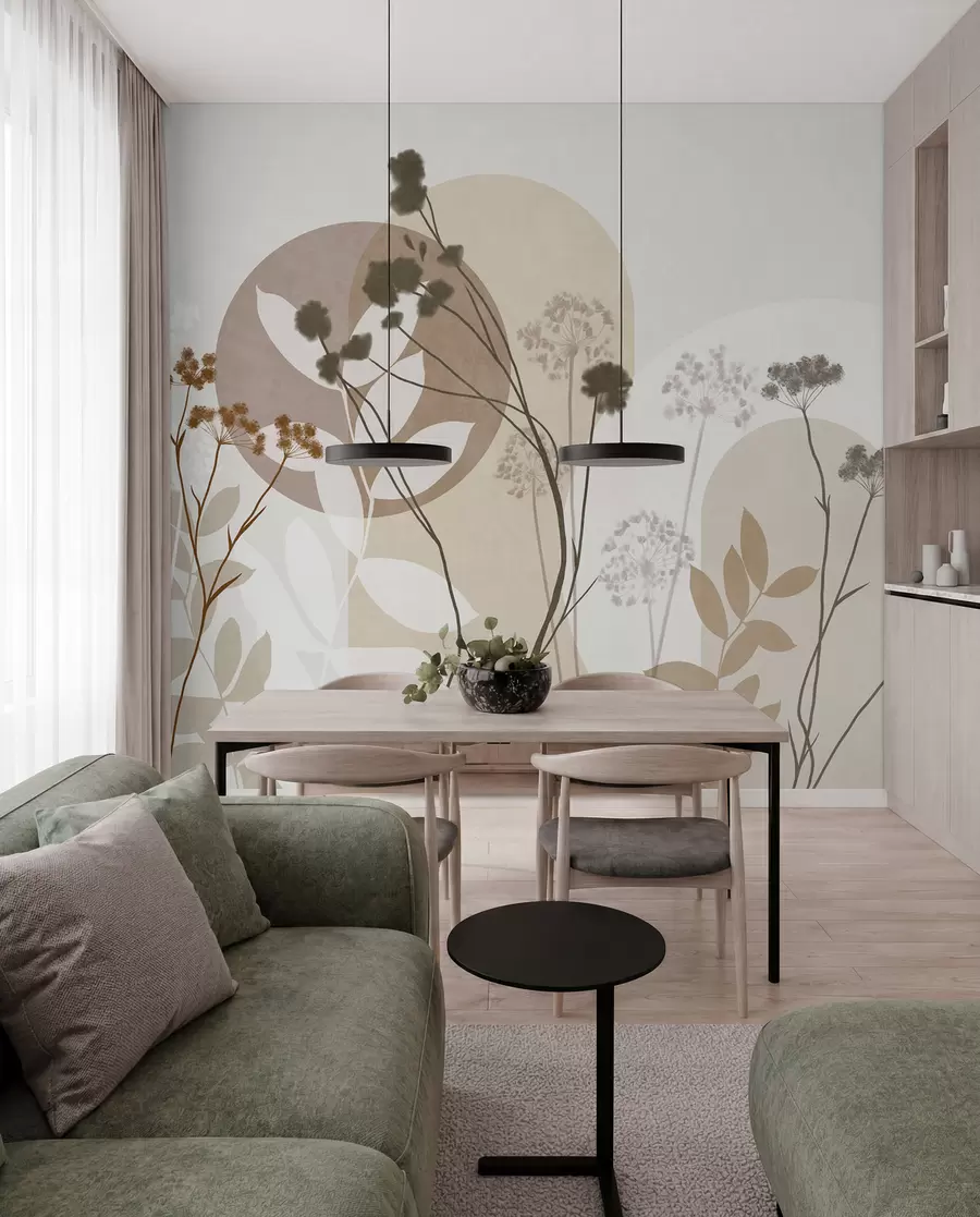 wall murals Botanical and minimalist composition of dried flowers and leaves with abstract geometry w09906