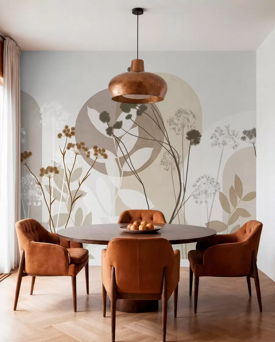 wall murals Botanical and minimalist composition of dried flowers and leaves with abstract geometry w09906