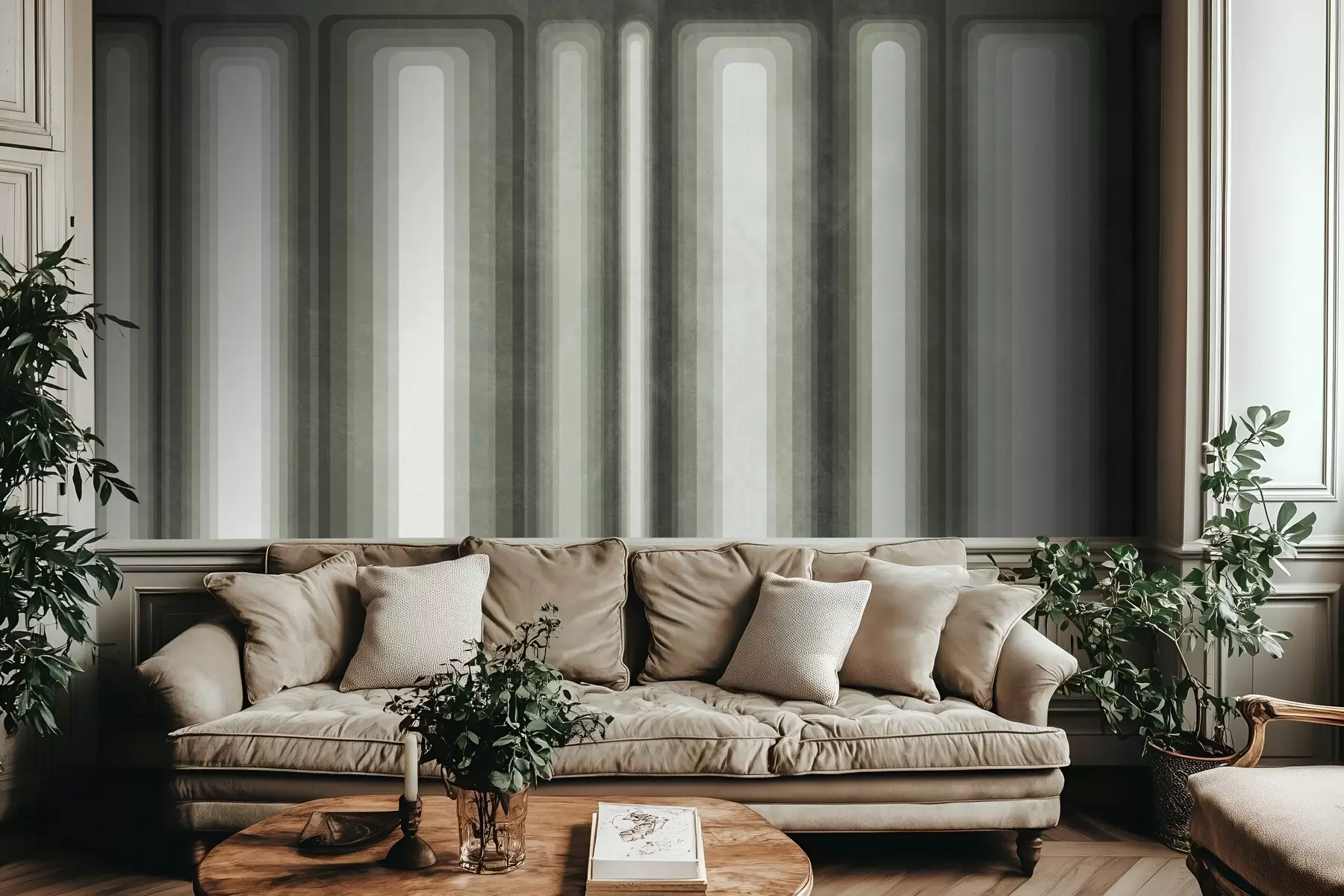 wall murals Textured abstract vertical rounded rectangles in muted tones of green w09905v2